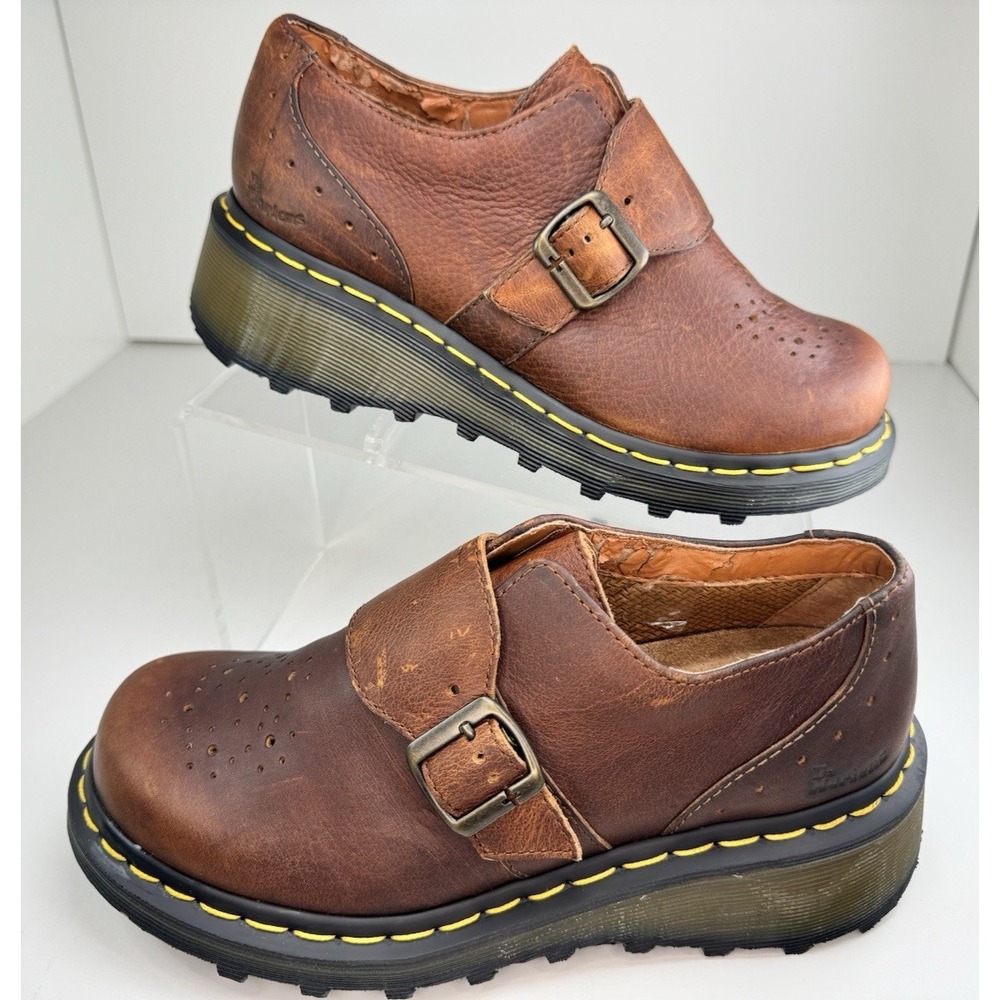 Dr. Martens Monk Strap Womens 7 Brown Leather Chunky Platform Shoes 3B62 READ